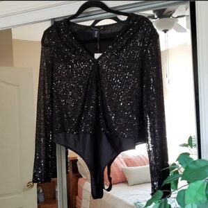 SINCERELY JULES Black Sequin Bodysuit with Long Sleeves and V-neck NWT Small